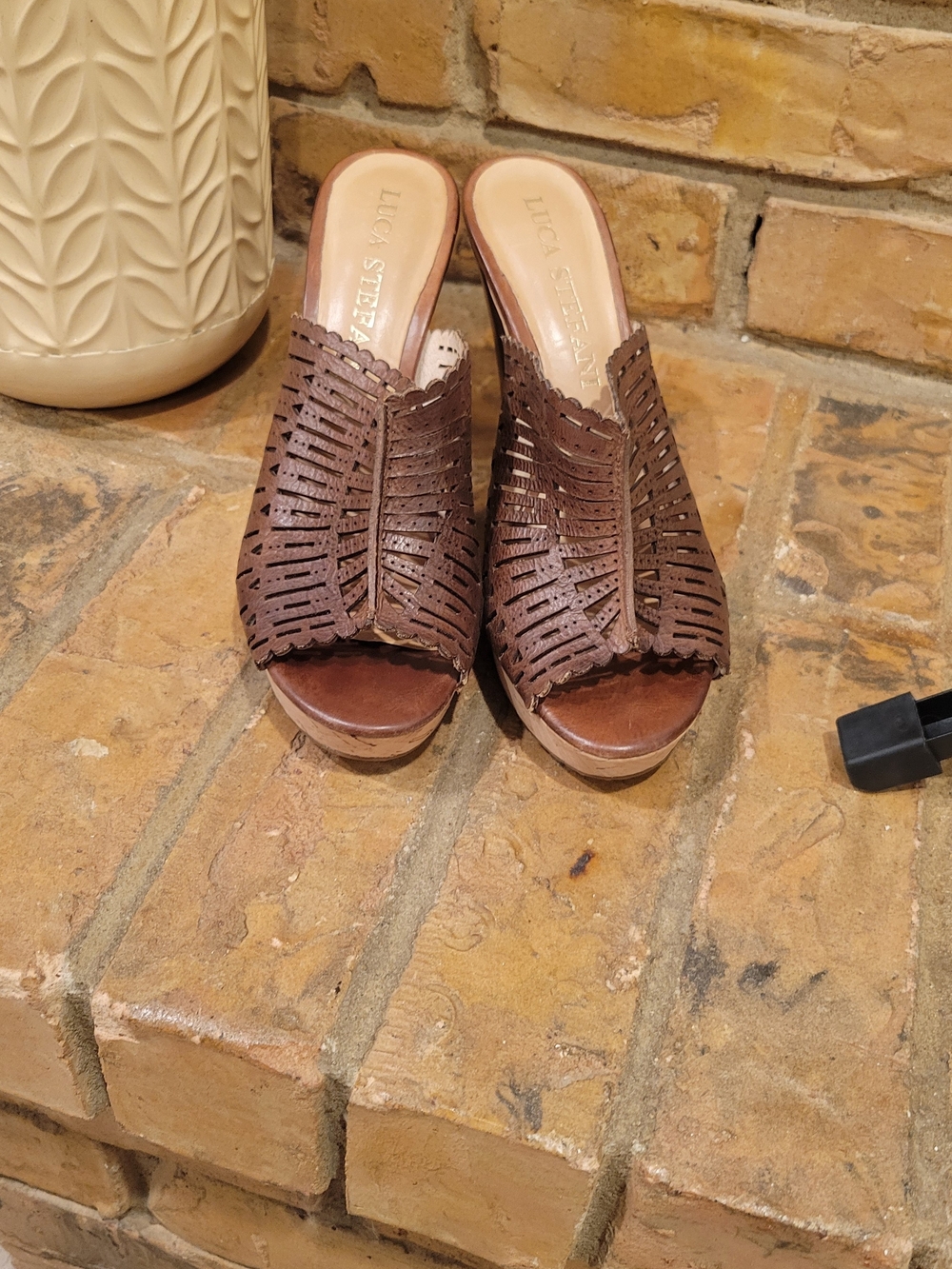 Luca Stefani Brown Laser-Cut Leather Wedge Mules